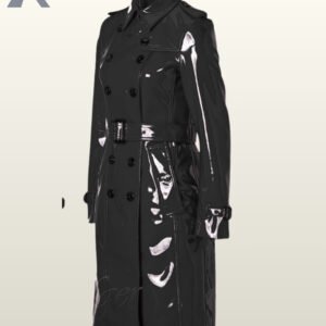 Patent leather trench coats for women in black, featuring classic tailoring and belts.