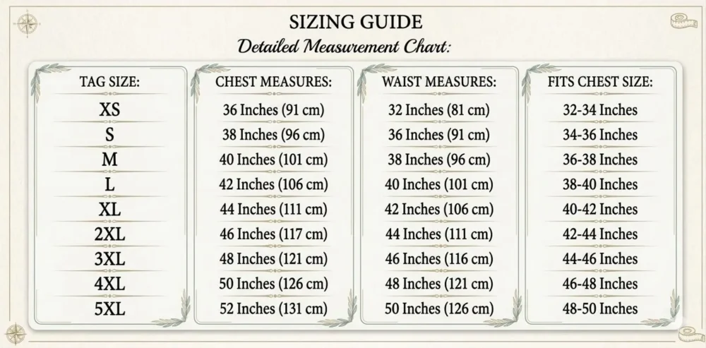 Size chart table with measurements for men's gothic steampunk trench coat.