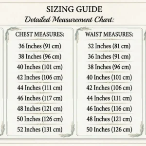 Size chart table with measurements for men's gothic steampunk trench coat.