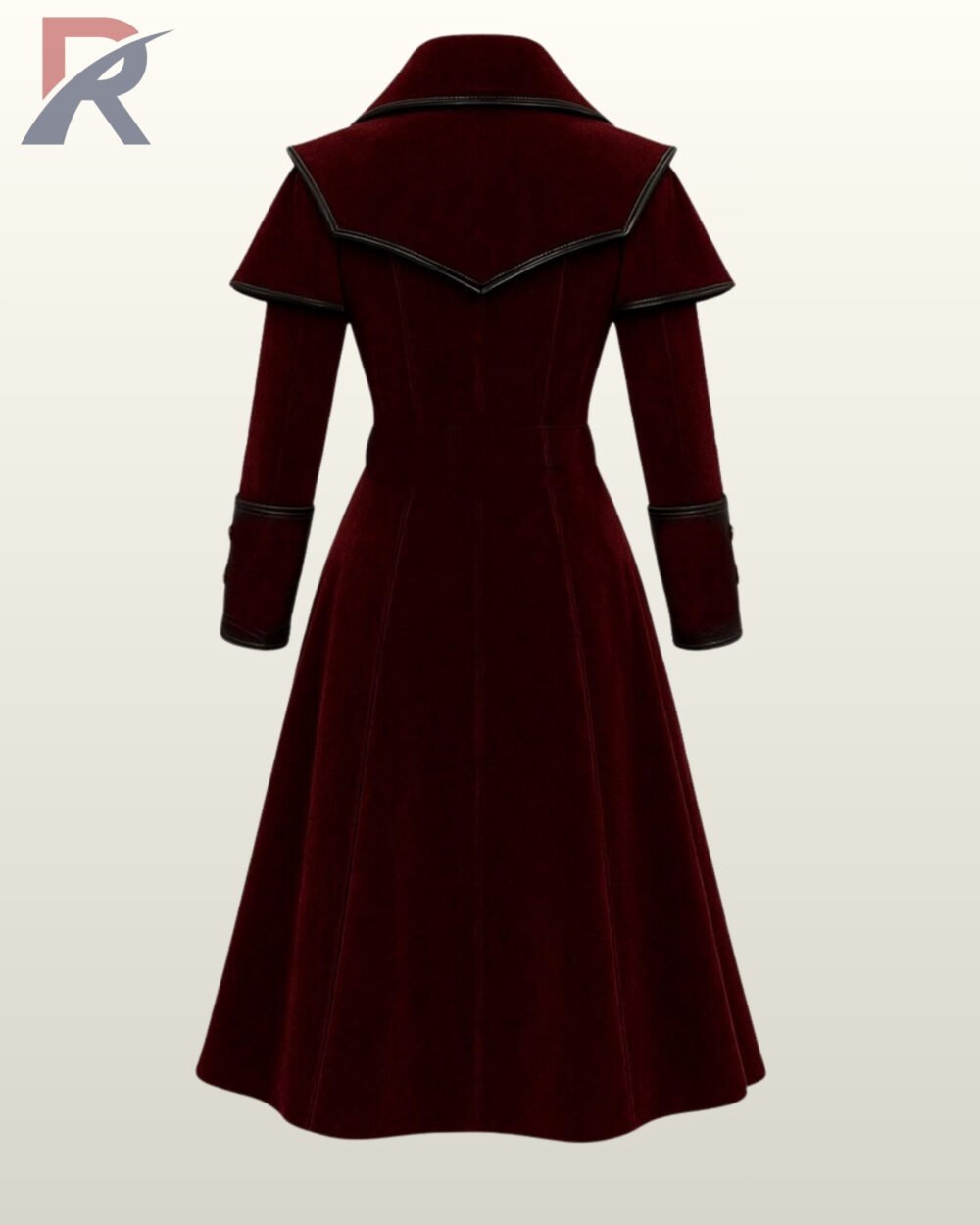 Wine red steampunk gentleman overcoat with structured lapels and sleeve cuffs.