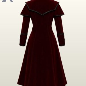 Wine red steampunk gentleman overcoat with structured lapels and sleeve cuffs.