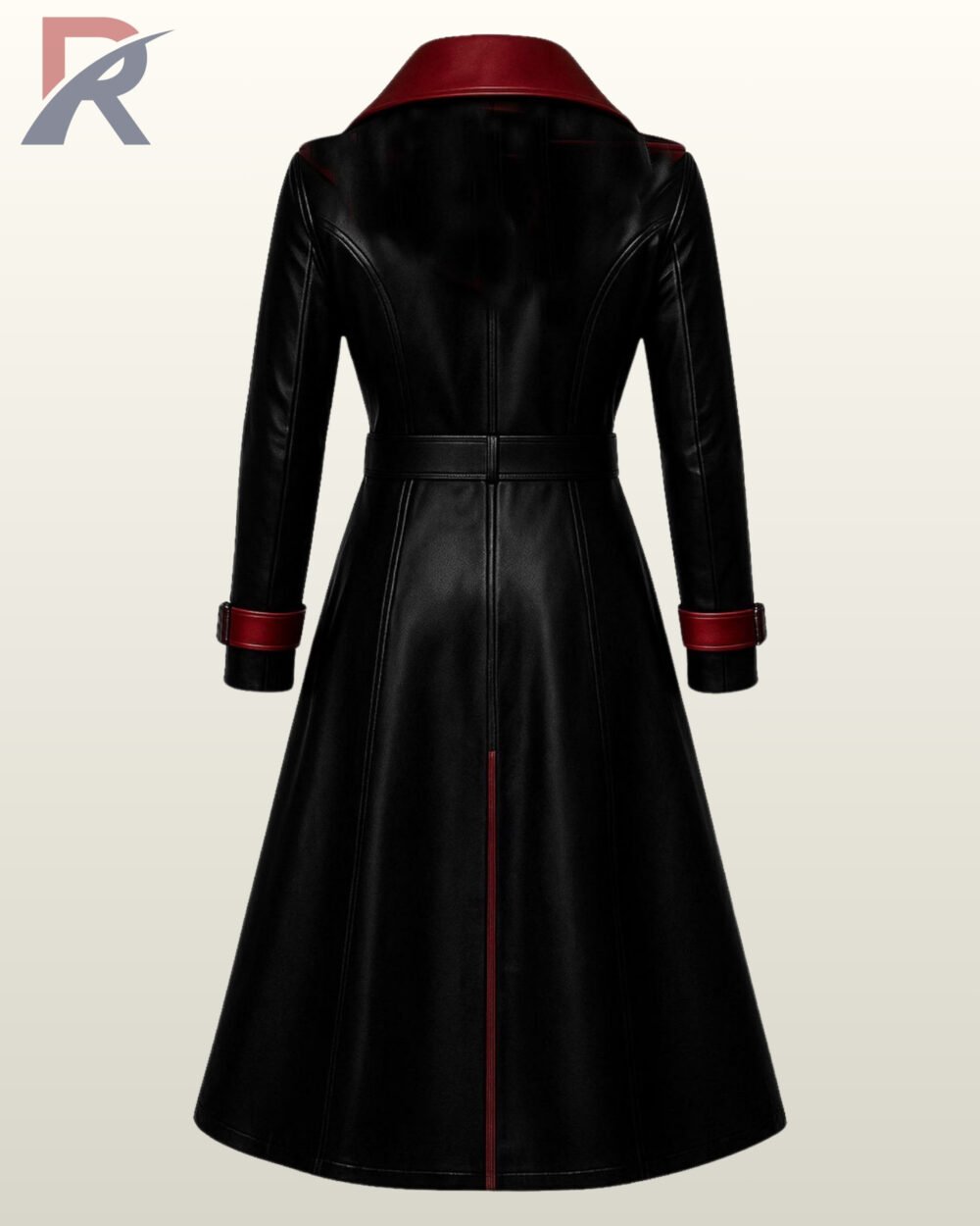 Long black and red steampunk vampire coat in faux leather featuring a shoulder chain accent.