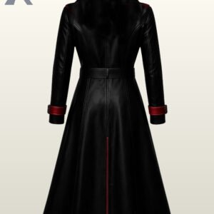 Long black and red steampunk vampire coat in faux leather featuring a shoulder chain accent.