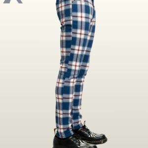 Classic British punk style blue and white plaid trousers for men.