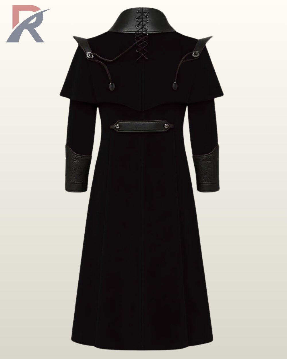 A men's black velvet gothic long coat with a center zipper closure, pointed epaulets, and black leather double chest straps.