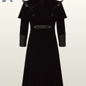 A men's black velvet gothic long coat with a center zipper closure, pointed epaulets, and black leather double chest straps.