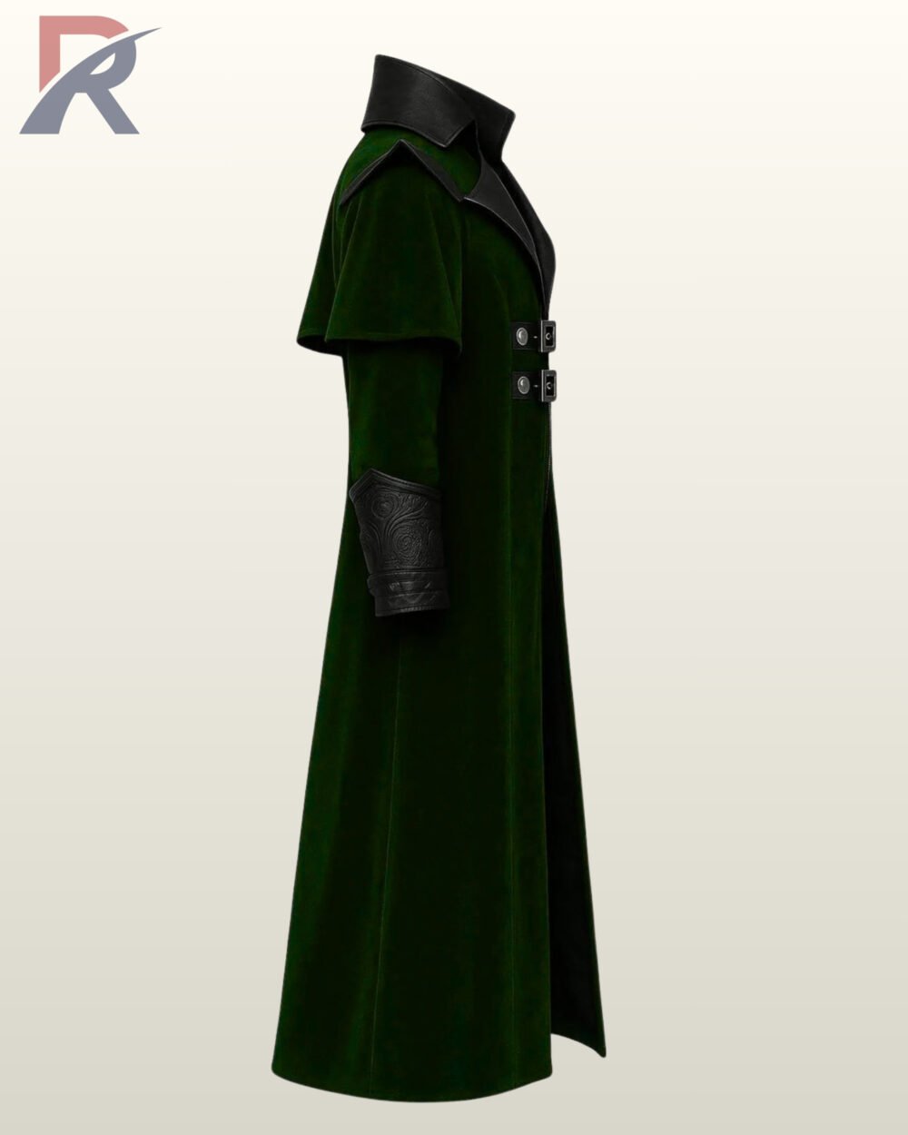 Alternative fashion long coat in rich green velvet fabric with tiered cape-style shoulders and a split front.