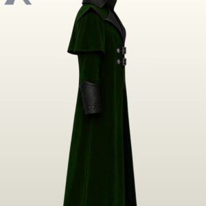 Alternative fashion long coat in rich green velvet fabric with tiered cape-style shoulders and a split front.