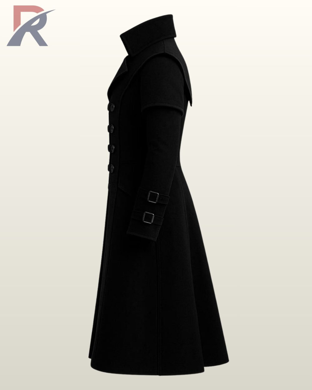 Mid-length black coat for alternative men's fashion with a matching waist belt and arm cuffs.