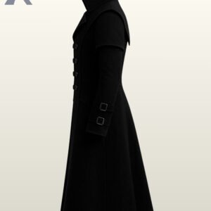 Mid-length black coat for alternative men's fashion with a matching waist belt and arm cuffs.