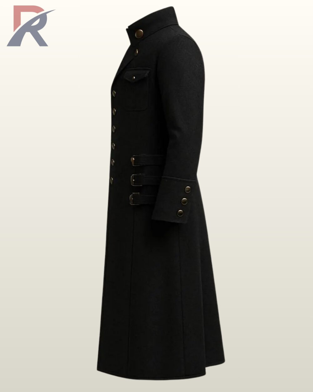 Mid-length black wool blend coat for alternative men's fashion with double chest pockets and folded arm cuffs.