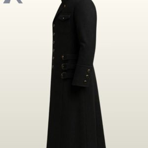 Mid-length black wool blend coat for alternative men's fashion with double chest pockets and folded arm cuffs.