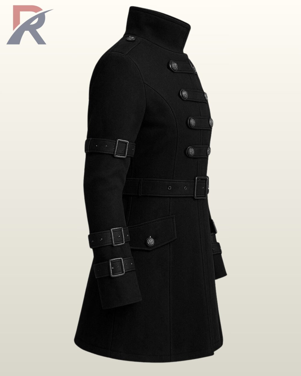 Mid-length black coat for alternative men's fashion with a matching waist belt and arm cuffs.