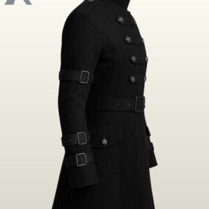 Mid-length black coat for alternative men's fashion with a matching waist belt and arm cuffs.