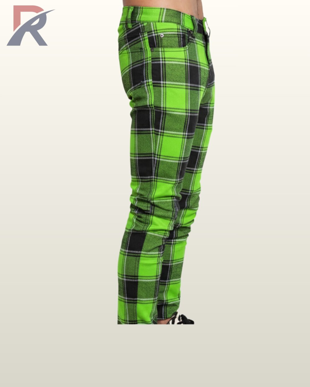 Bold lime green checkered slim-cut pants for edgy alternative fashion collections.