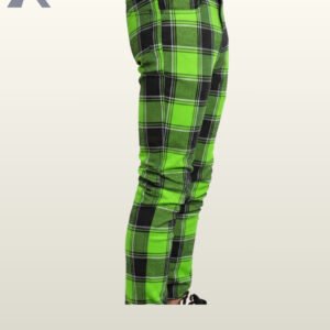 Bold lime green checkered slim-cut pants for edgy alternative fashion collections.