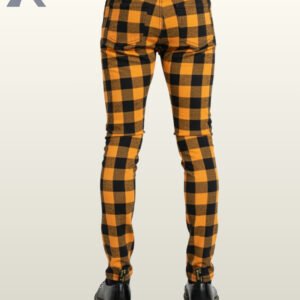High-contrast orange and black tartan skinny jeans ideal for gothic and rock styles.