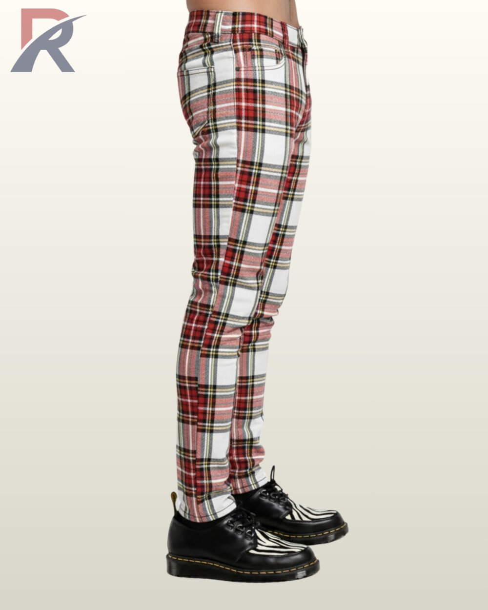 Timeless white and red plaid slim-fit pants for alternative and punk streetwear.