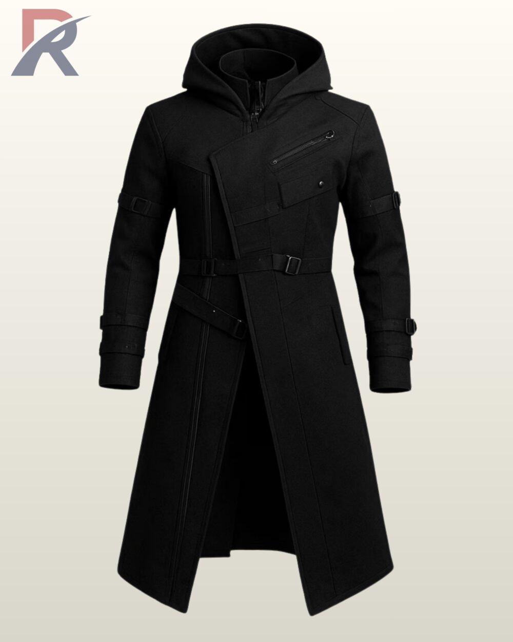 Men's black cyberpunk hooded trench coat with an asymmetrical zipper and waist buckles.