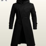Men's black cyberpunk hooded trench coat with an asymmetrical zipper and waist buckles.