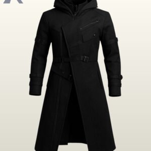 Men's black cyberpunk hooded trench coat with an asymmetrical zipper and waist buckles.