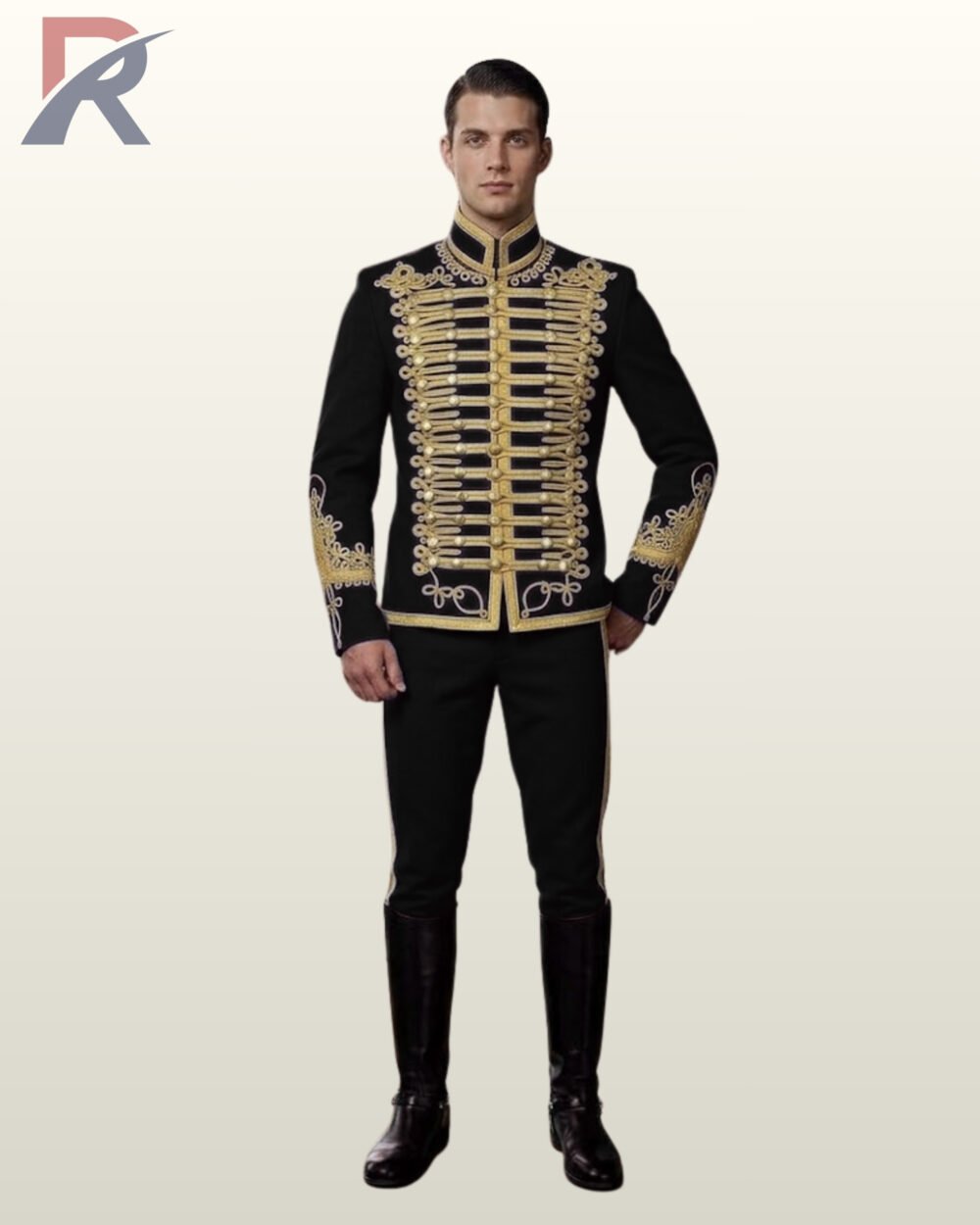 Full front view of a male model wearing a black hussar military parade jacket adorned with horizontal gold braid chest bars, brass buttons, and cuff knots.