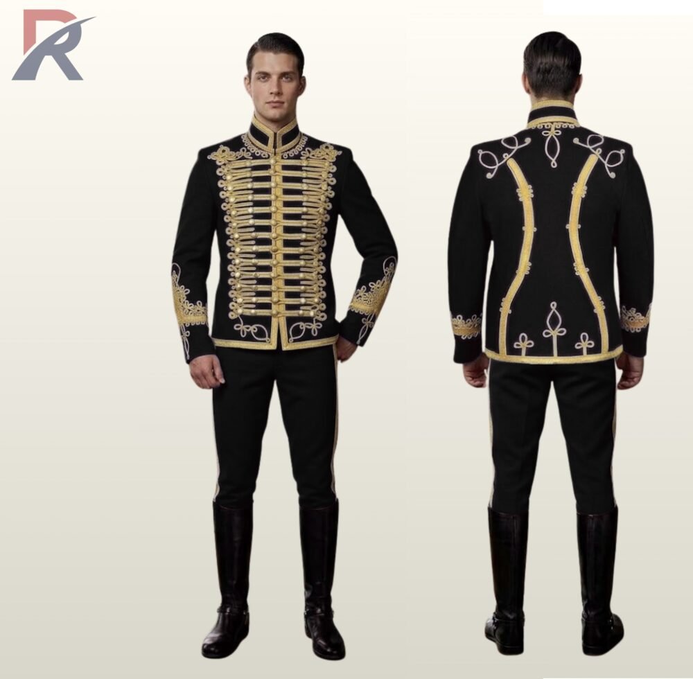 Side-by-side front and back view of a model wearing a men's black military hussar uniform suit with gold braided chest motifs, shoulder Austrian knots, and gold-trimmed trousers.