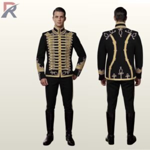 Side-by-side front and back view of a model wearing a men's black military hussar uniform suit with gold braided chest motifs, shoulder Austrian knots, and gold-trimmed trousers.