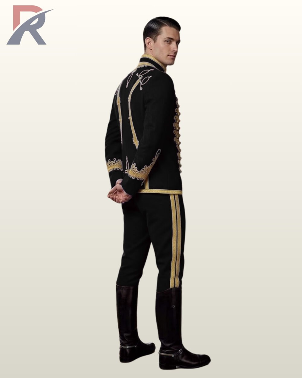 Three-quarter side shot of a men's black parade tunic suit displaying gold shoulder braid work, standing mandarin collar, and tall black leather riding boots.