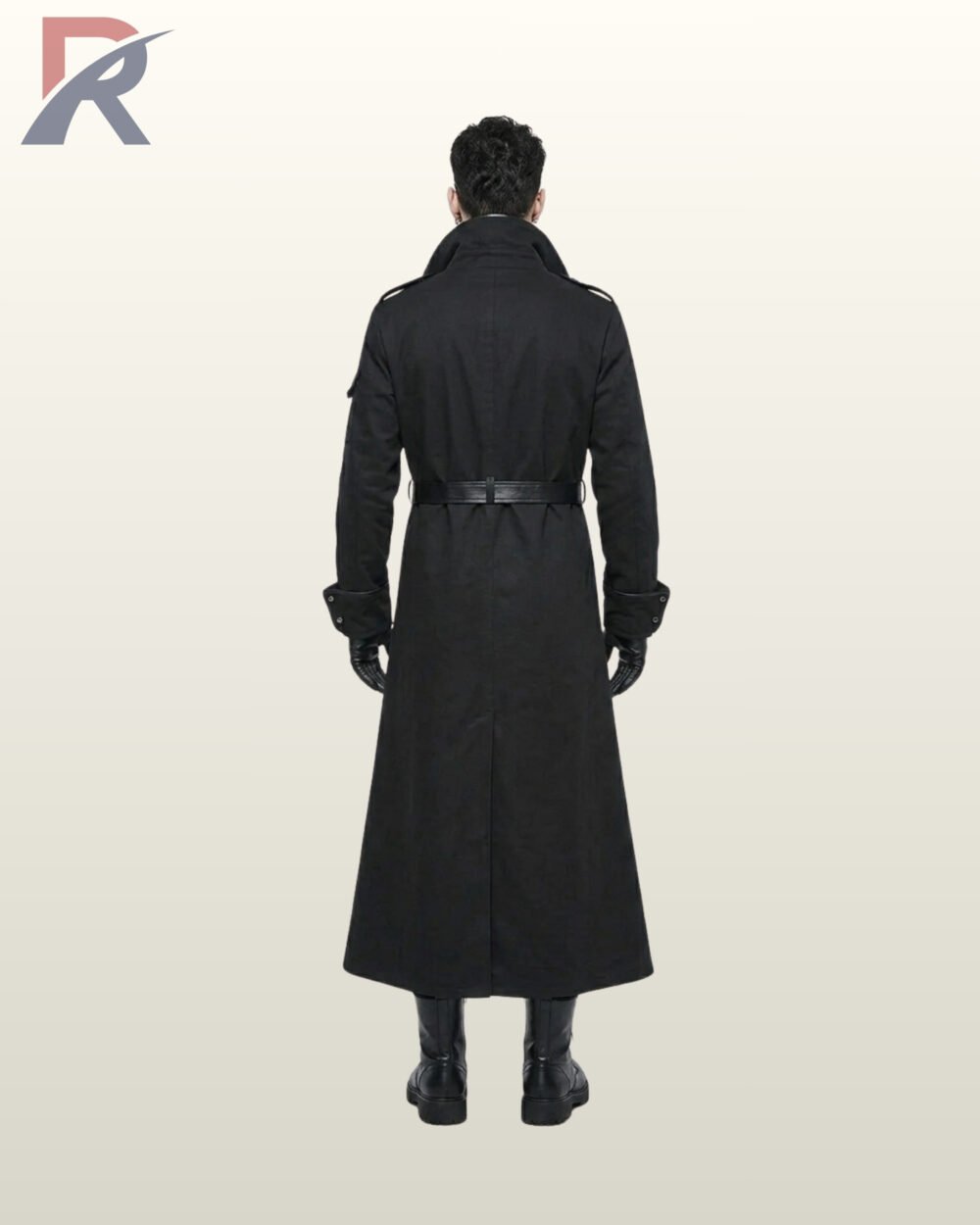 Full rear model view of a men's black gothic floor-length coat displaying a buckle-cinched waist belt, high standing collar, and shoulder epaulet straps.