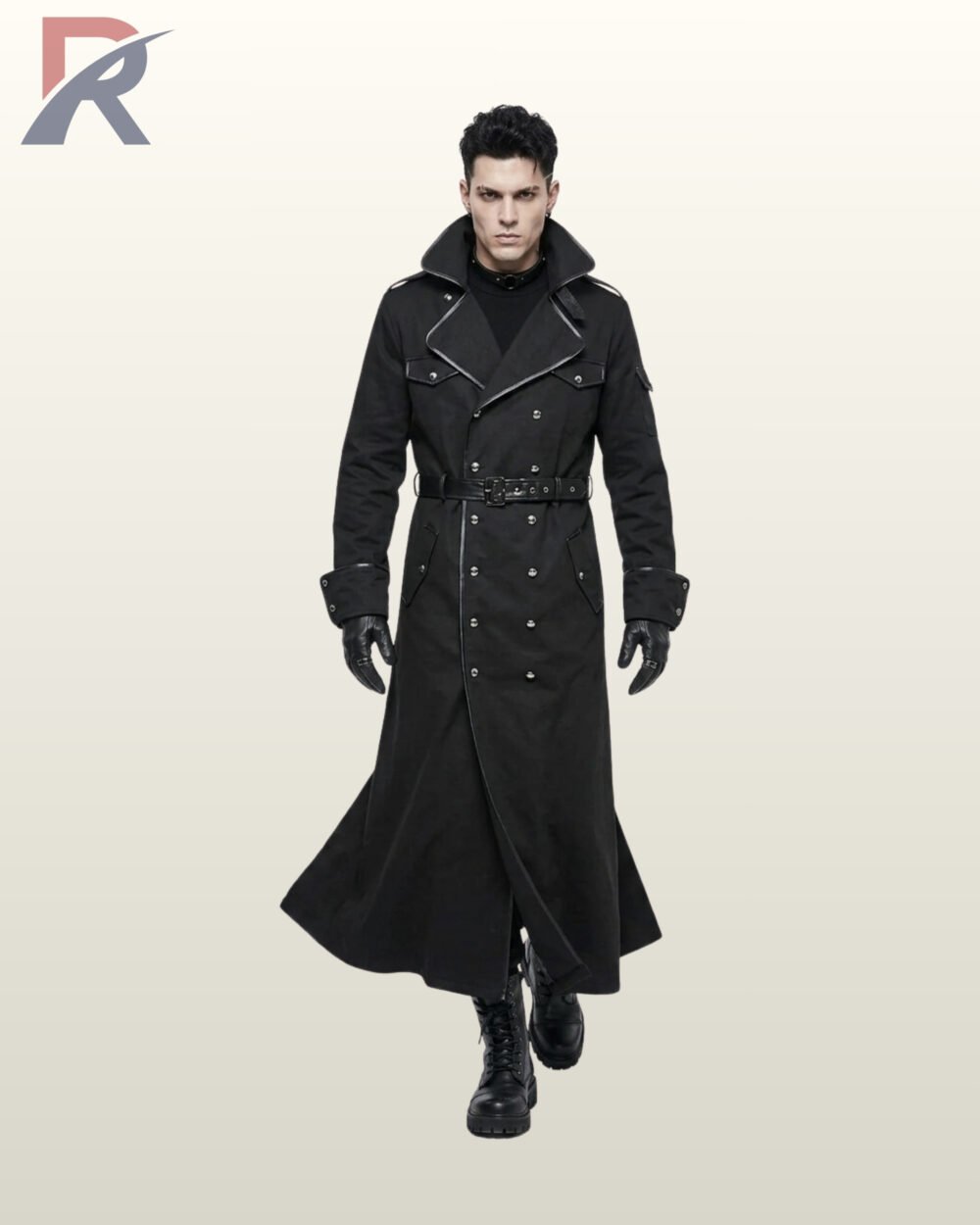 Men's gothic officer style long overcoat styled with black leather gloves and lace-up combat boots, featuring wide lapels and silver stud accents.