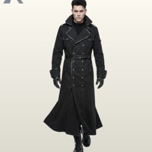 Men's gothic officer style long overcoat styled with black leather gloves and lace-up combat boots, featuring wide lapels and silver stud accents.