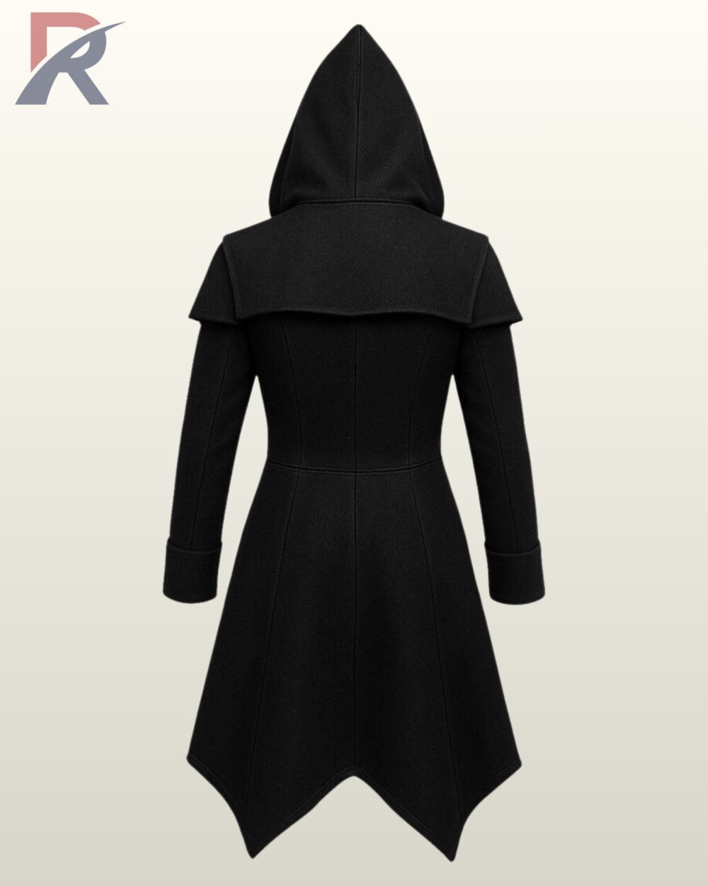 Direct rear product view of a men's black gothic hooded trench coat featuring an integrated shoulder capelet, deep hood, and pointed handkerchief hem.
