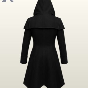 Direct rear product view of a men's black gothic hooded trench coat featuring an integrated shoulder capelet, deep hood, and pointed handkerchief hem.