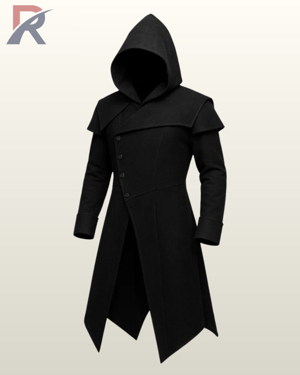Flat display of a men's assassin style long black overcoat showing deep cowl hood, double-breasted button alignment, shoulder mantle, and jagged hem.