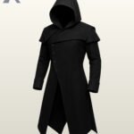 Flat display of a men's assassin style long black overcoat showing deep cowl hood, double-breasted button alignment, shoulder mantle, and jagged hem.