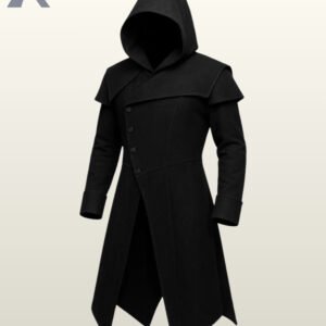 Flat display of a men's assassin style long black overcoat showing deep cowl hood, double-breasted button alignment, shoulder mantle, and jagged hem.