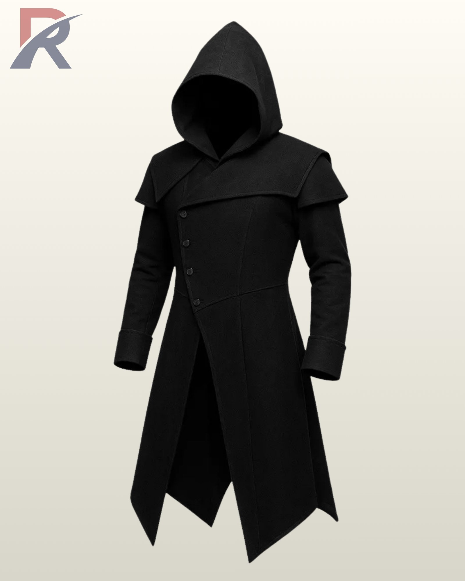 Flat display of a men's assassin style long black overcoat showing deep cowl hood, double-breasted button alignment, shoulder mantle, and jagged hem.