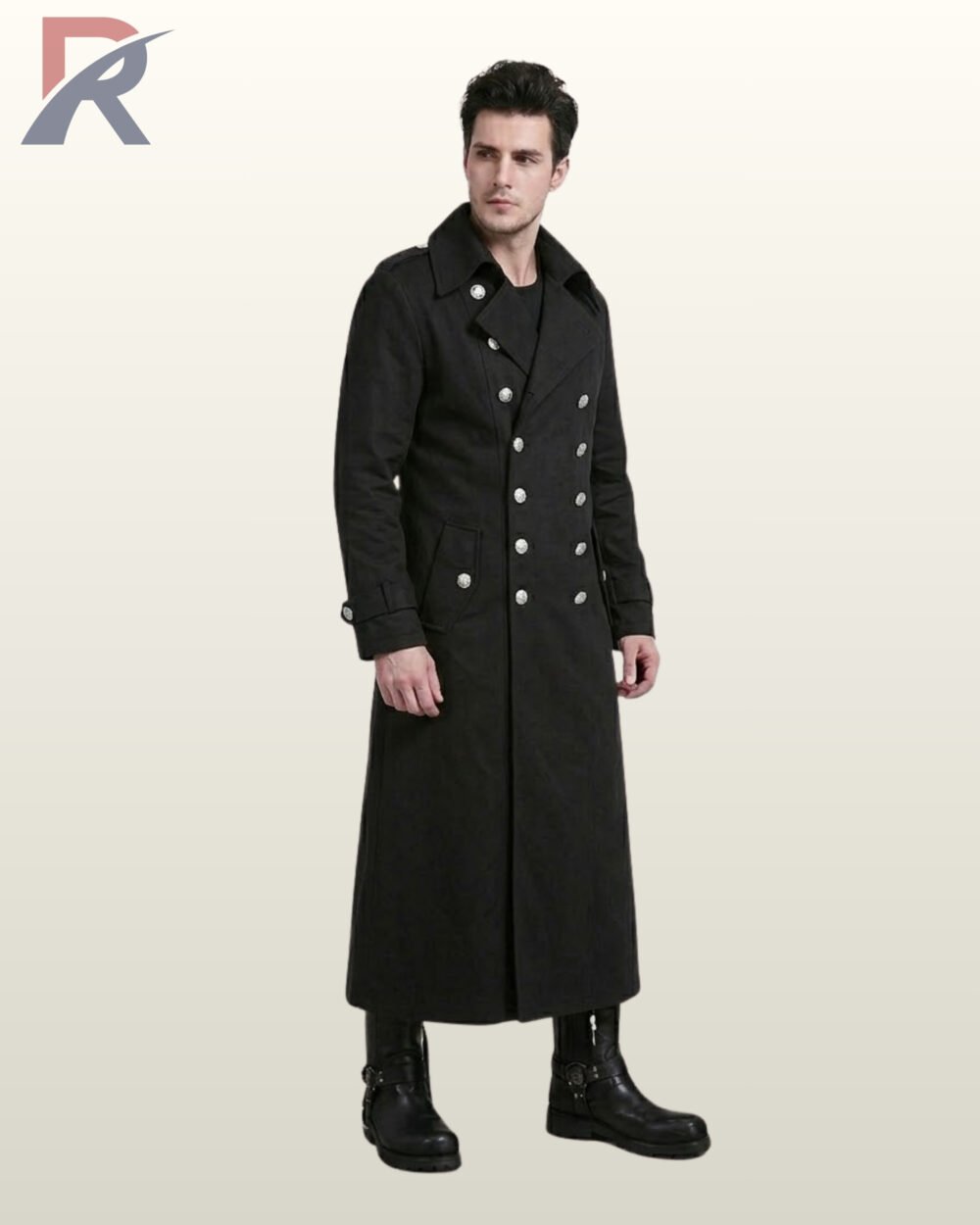 Men's victorian military long trench coat styled with black leather combat boots, displaying buttoned waist pockets and structured shoulder straps.