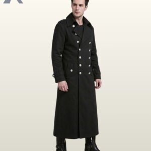 Men's victorian military long trench coat styled with black leather combat boots, displaying buttoned waist pockets and structured shoulder straps.