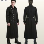 Side-by-side front three-quarter and rear model view of a men's black gothic floor-length double-breasted officer coat with silver metal buttons.
