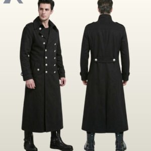 Side-by-side front three-quarter and rear model view of a men's black gothic floor-length double-breasted officer coat with silver metal buttons.