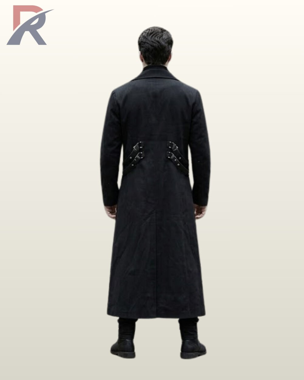 Full rear view of a male model wearing an ankle-length black gothic industrial trench coat displaying side waist D-ring buckle straps and center back seam split.