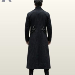 Full rear view of a male model wearing an ankle-length black gothic industrial trench coat displaying side waist D-ring buckle straps and center back seam split.