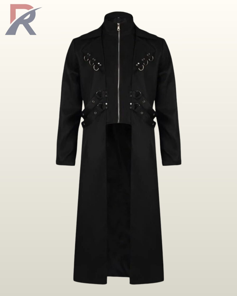 Direct front product view of a men's black gothic industrial trench coat featuring lapel D-ring studs, front zipper closure, and side waist harness straps.