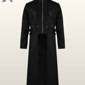 Direct front product view of a men's black gothic industrial trench coat featuring lapel D-ring studs, front zipper closure, and side waist harness straps.