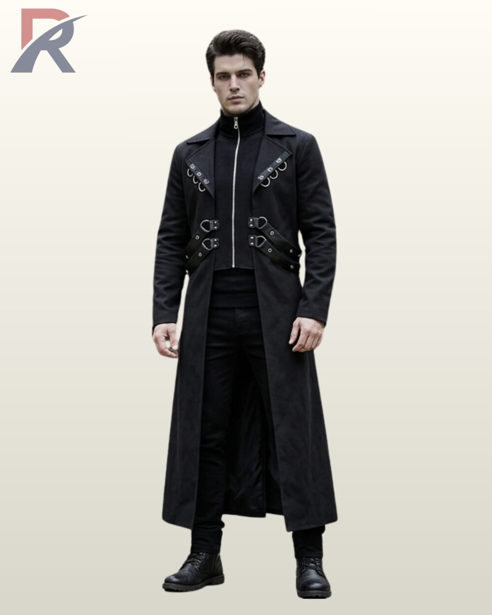 mens-black-gothic-industrial-trench-coat-front-model.jpg Full front view of a male model wearing a men's black gothic industrial trench coat with lapel D-ring accents, front zip closure, and side waist harness buckles.