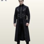 Full front view of a male model wearing a men's black gothic industrial trench coat with lapel D-ring accents, front zip closure, and side waist harness buckles.