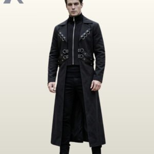 Full front view of a male model wearing a men's black gothic industrial trench coat with lapel D-ring accents, front zip closure, and side waist harness buckles.