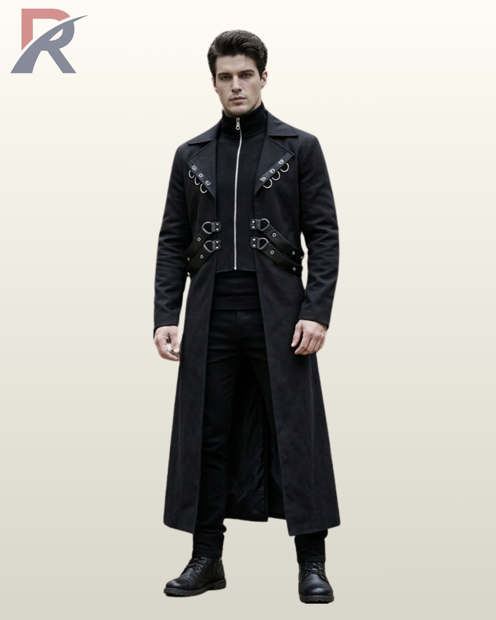 Full front view of a male model wearing a men's black gothic industrial trench coat with lapel D-ring accents, front zip closure, and side waist harness buckles.